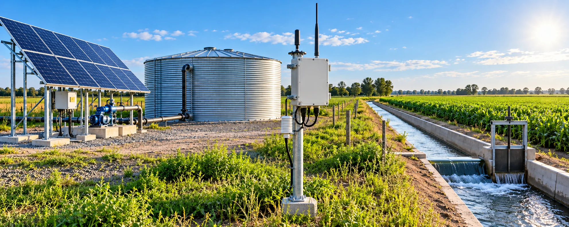 Bombeo solar, reserva de agua e infraestructura de distribución en un campo
