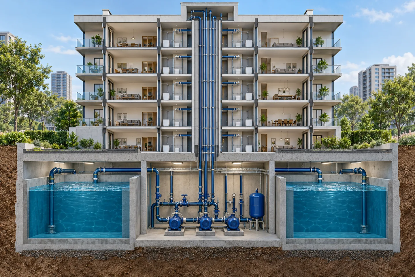 Corte conceptual de edificio, cisterna y sala de bombas