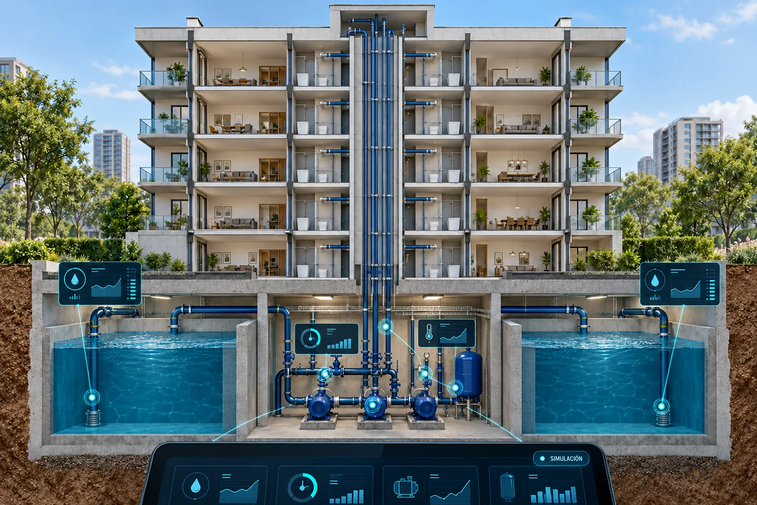 Edificio con sensores, conexiones y tablet; datos simulados