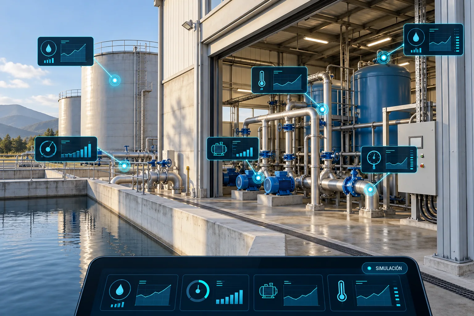 Industria con sensores, conexiones y tablet; datos simulados